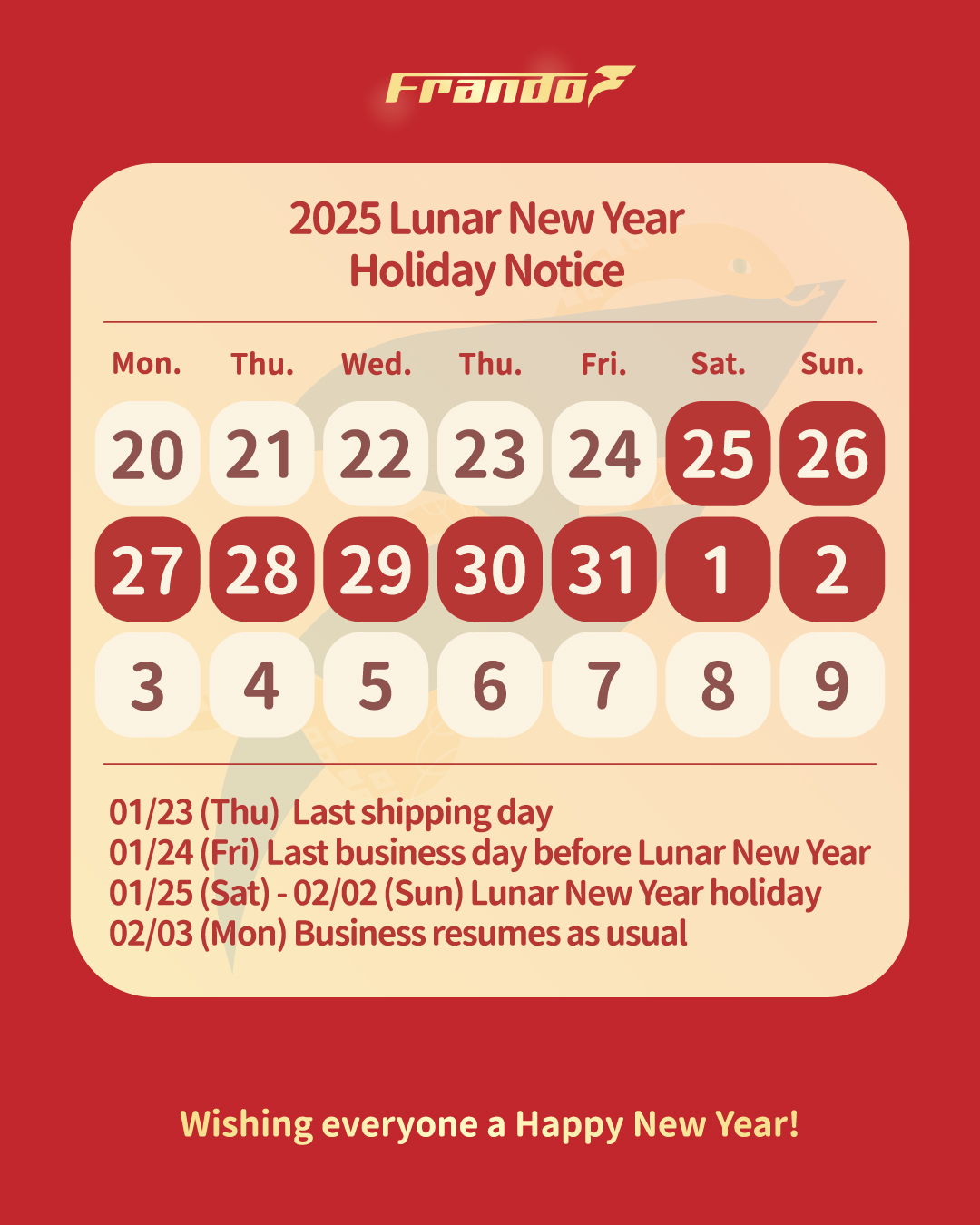 2025 Lunar New Year Holiday Notice